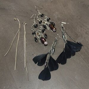 3 Pairs Long Dangle Earrings in Silver